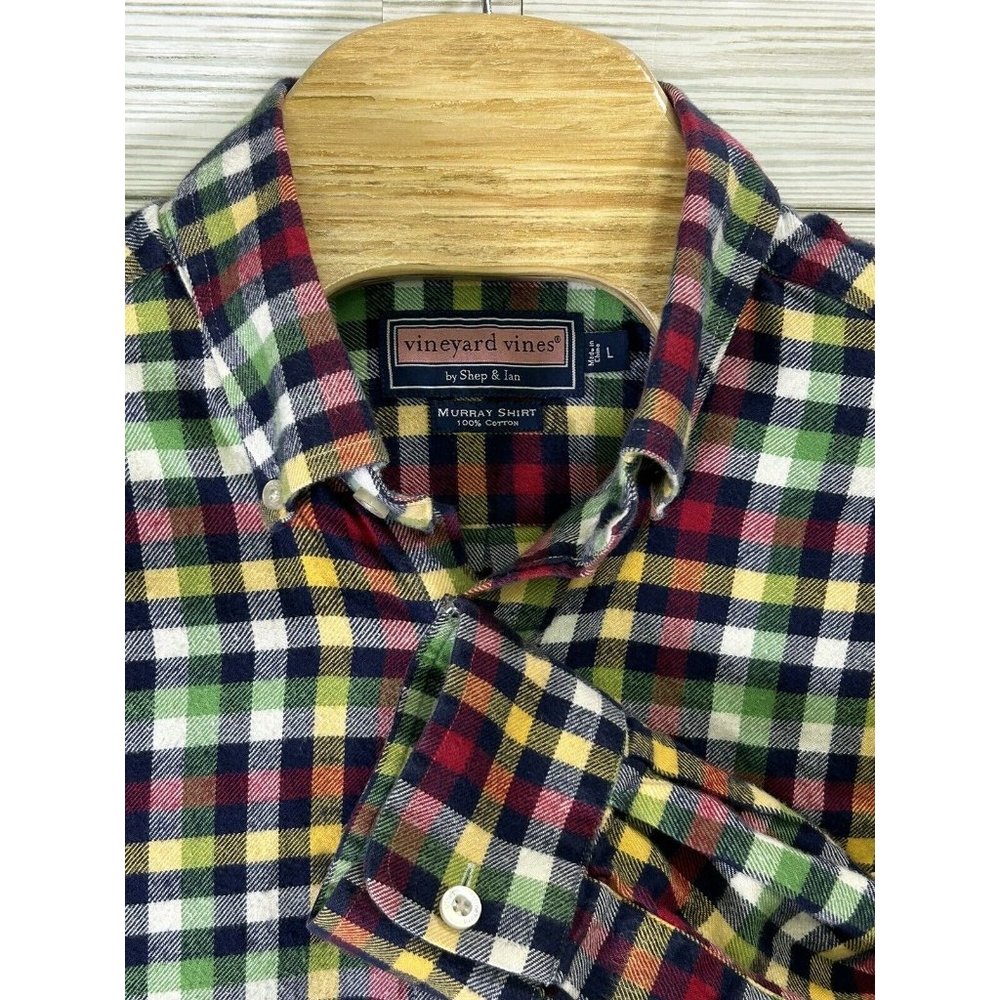 VINEYARD VINES Cotton Murray Shirt Mens Large Navy Red Green Plaid Flannel‎